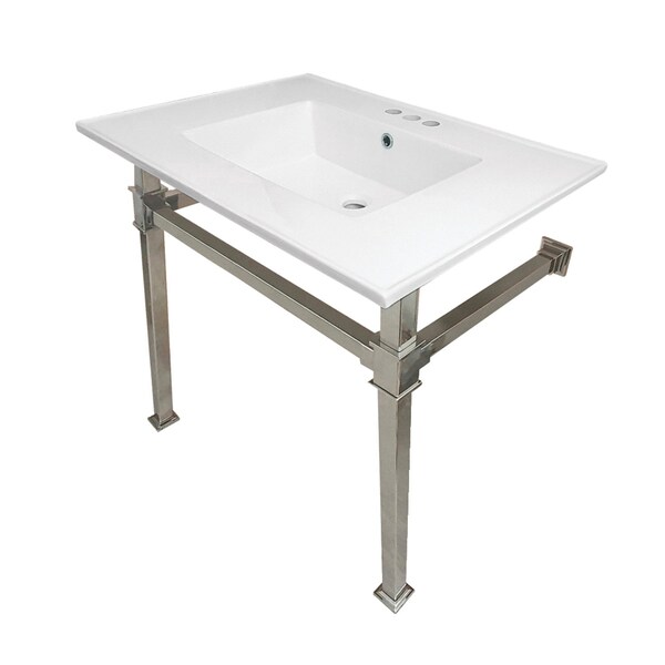 Kingston Brass KVPB31224Q6 31-Inch Ceramic Console Sink (4" Faucet Drilling), White/Polished Nickel KVPB31224Q6 - main